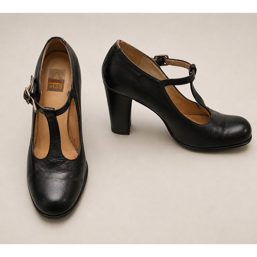 Vintage 1980s ALDO Leather T-Strap Mary Jane Heels Dark Academia Professor Sz 10 - Picture 4 of 9